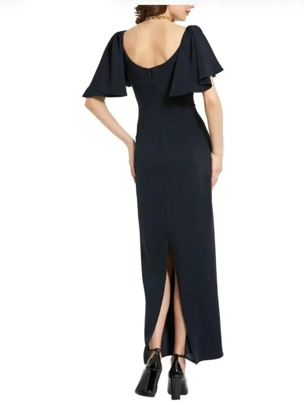 Mac Duggal Black Crepe Fitted Long Dress With Short Ruffle Sleeves, Size 4